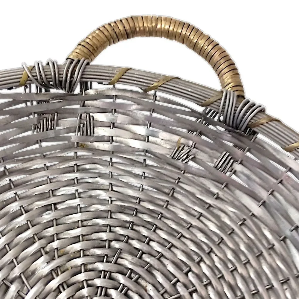 Vintage Woven Metal Wire Basket Tray Handles Silver Tone Rustic Farmhouse Tuscan